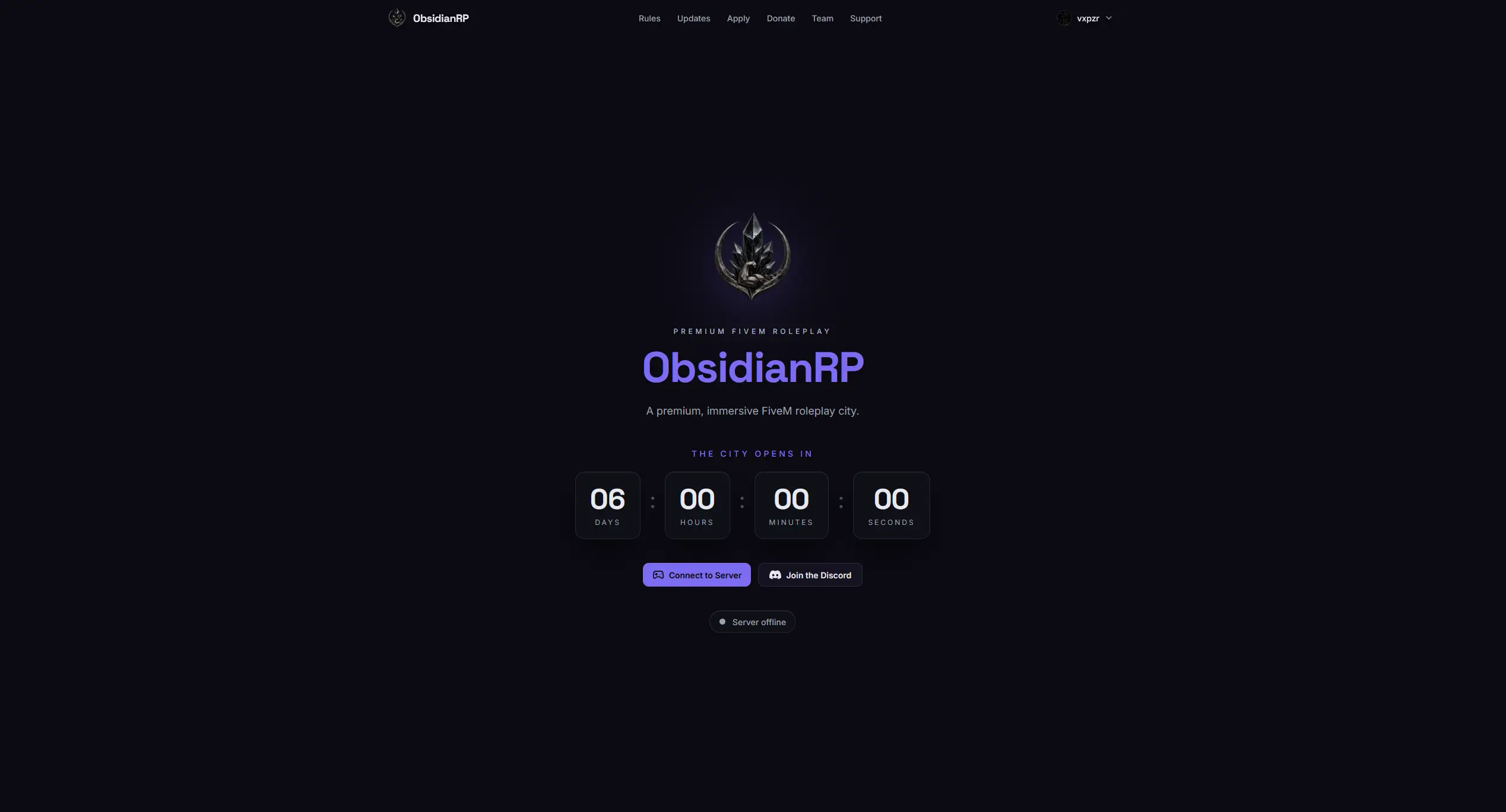 Screenshot of the ObsidianRP website built by VX Networks
